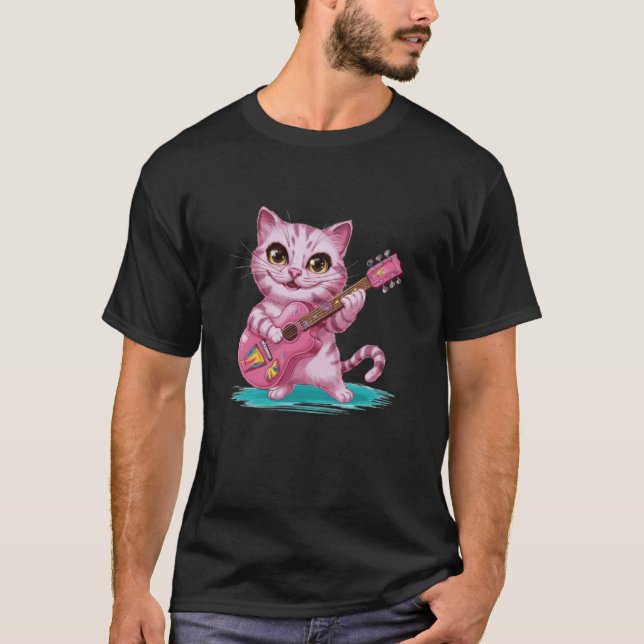 Camiseta Cat Tocando Violão - Engraçado Rock Music Guitar C (Frente)