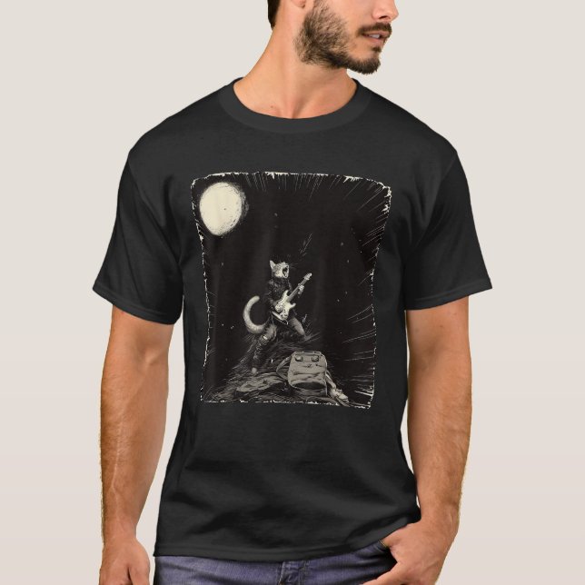 Camiseta Cat Tocando Violão Engraçado Rock Star Rock Classi (Frente)