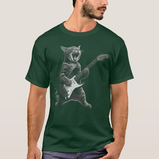 Camiseta Cat Tocando Violão Rock and Roll for Men Wome (Frente)