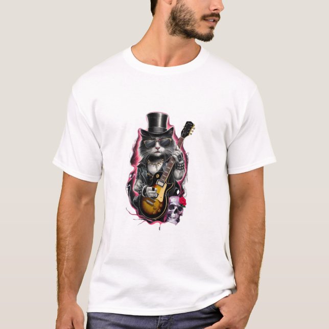 Camiseta Cat Tocando Violão Rock & Roll 80s 90s Rock Banda  (Frente)