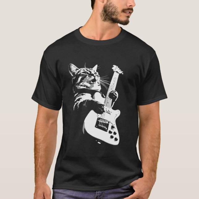 Camiseta Cat Tocando Violão Rock Star Rock and Roll design (Frente)