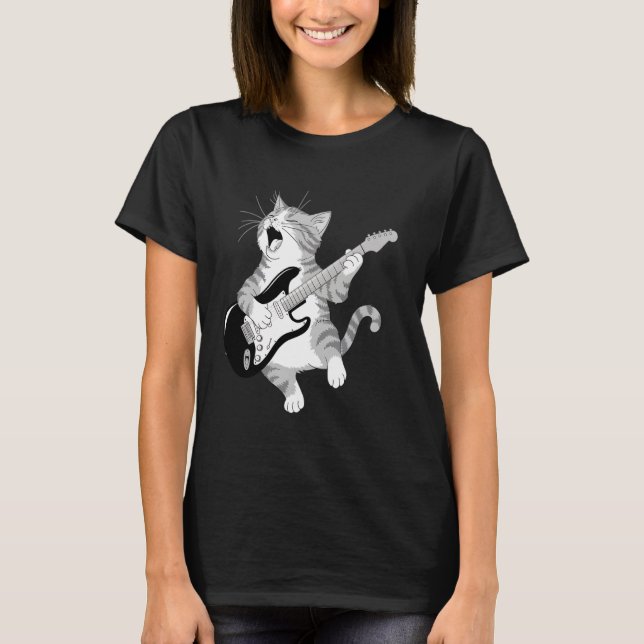 Camiseta Cat tocando violão Rock Star Rock e Roll Funny G (Frente)