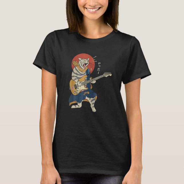 Camiseta Cat tocando violão Ukiyo E Samurai Japonês Warrio (Frente)