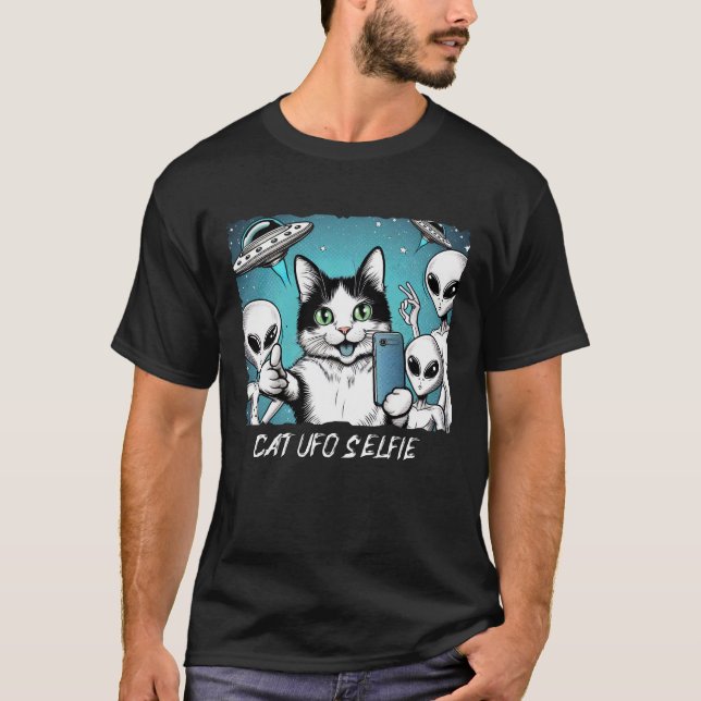 Camiseta Cat UFO Selfie: Green Alien #14 (Frente)