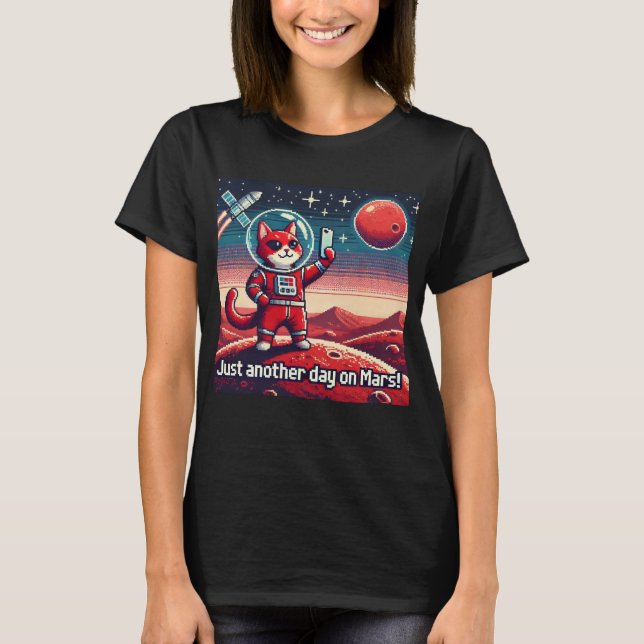 Camiseta Cat UFO Selfie: Planeta Vermelho (outro dia em mar (Frente)
