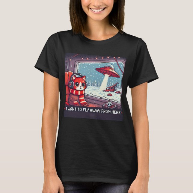 Camiseta Cat UFO Selfie: Planeta Vermelho (quero voar fora) (Frente)