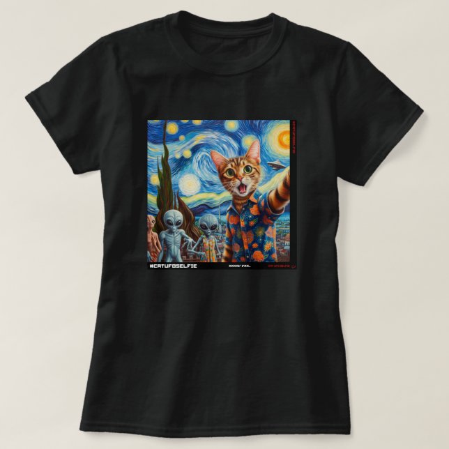 Camiseta Cat UFO Selfie: Presente Do Kitten #01 (Frente do Design)