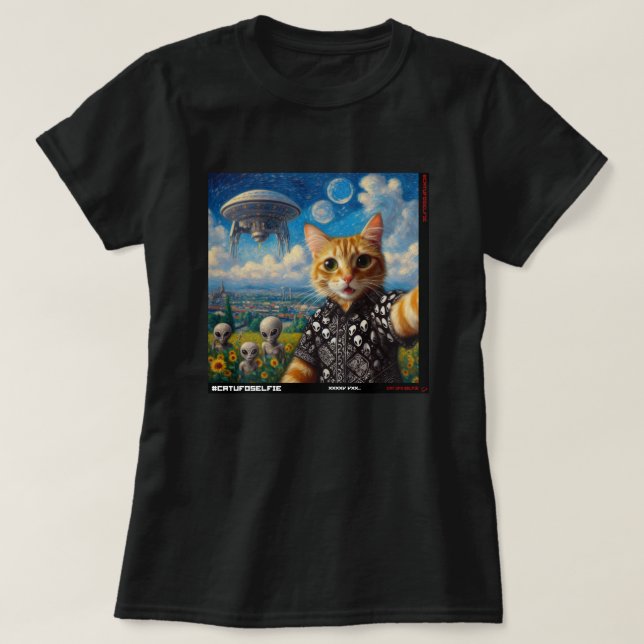 Camiseta Cat UFO Selfie: Presente Do Kitten #09 (Frente do Design)