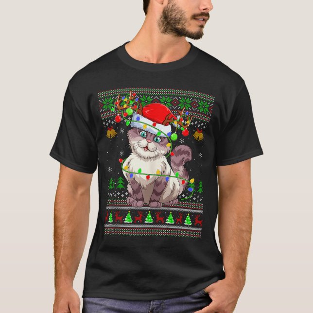 Camiseta Cat Ugly Christmas Sweaters Holiday Santa Cute Xma (Frente)