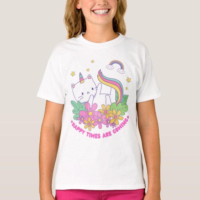 Camiseta Cat Unicorn Rainbow Happy Times Está Chegando (Frente)