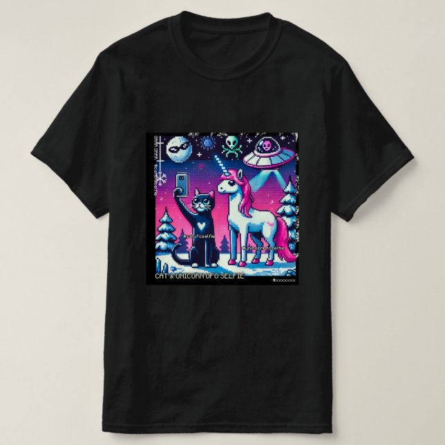 Camiseta Cat & Unicorn UFO Selfie: Big Meeting #11 (Frente do Design)