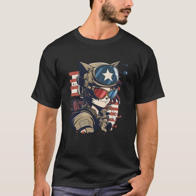 Camiseta Cat US Flag Veteran American (Frente)