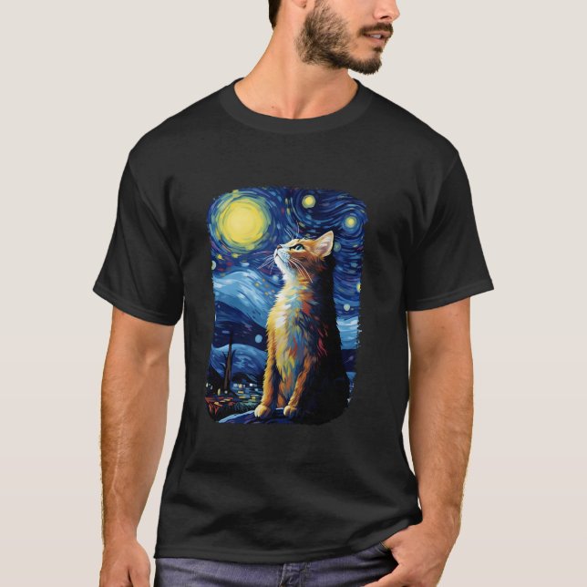 Camiseta Cat Van Gogh Starry Night Style Art Cut Cat Paint (Frente)