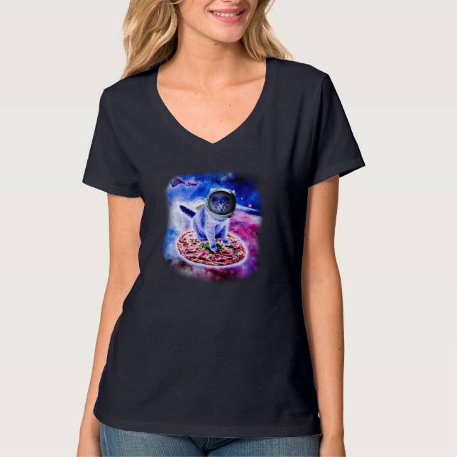 Camiseta Cat Voando Um Astronauta De Pizza Engraçado Espaço (Frente)