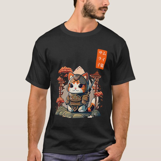 Camiseta Cat Warrior Japonês Escrevendo Anime Art para kawa (Frente)