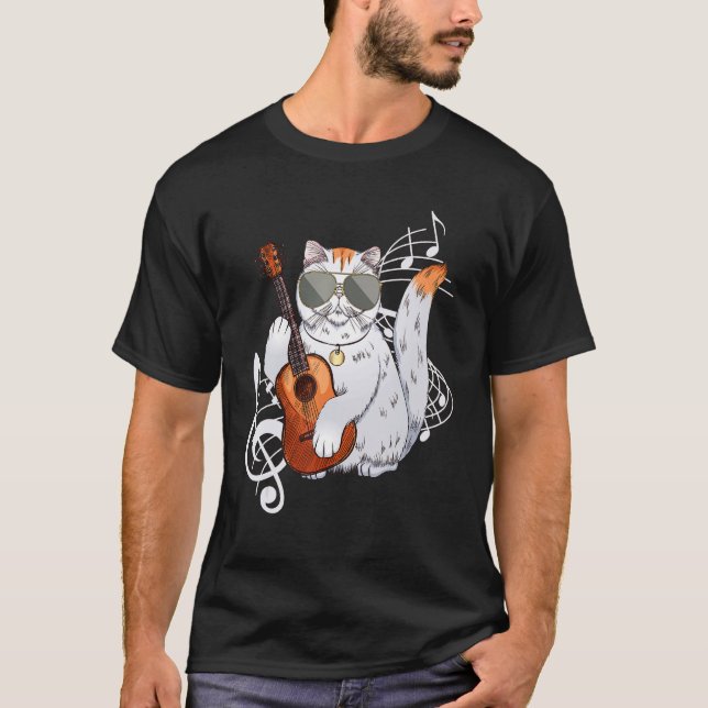 Camiseta Cat wearing sunglasses playing Guitar Guitarist (Frente)