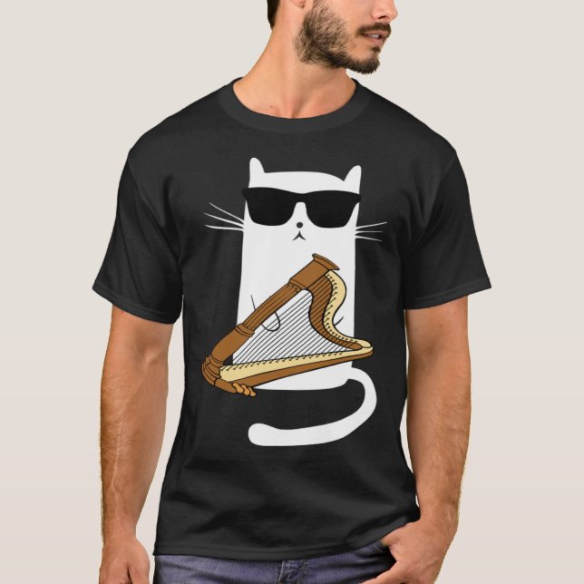 Camiseta Cat Wearing Sunglasses Playing Harp (Frente)