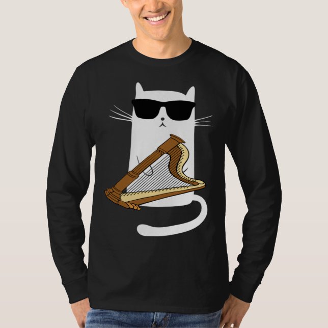 Camiseta Cat Wearing Sunglasses Playing Harp (Frente)