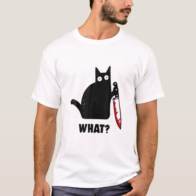 Camiseta Cat What? Funny Black Cat, Murderous Cat With Knif (Frente)