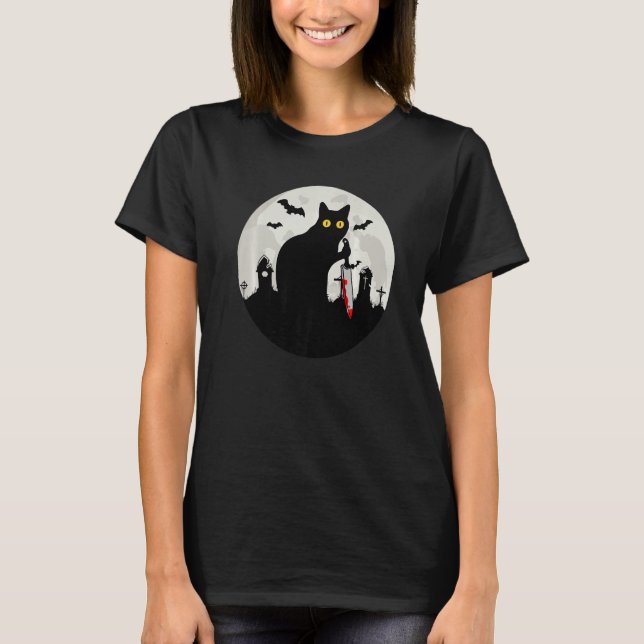 Camiseta Cat What Halloween Black Cat with Knife   What Cat (Frente)