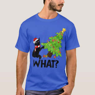 Camiseta Cat What Xmas Black Cat Empurrando Pam de Árvore d