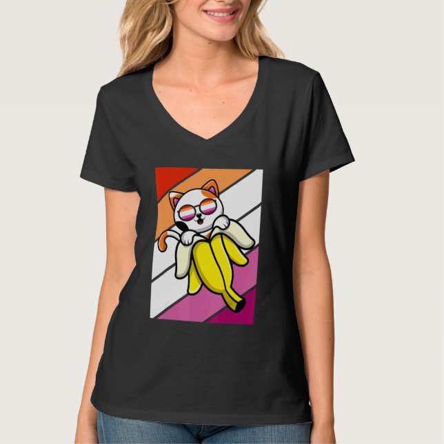 Camiseta Cat With Banana Pride Lesbian Flag LGBTQ Proud All (Frente)