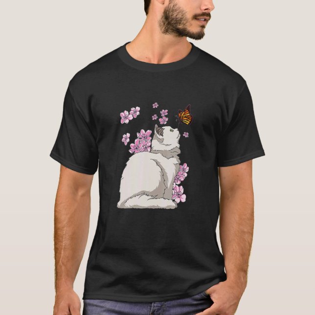 Camiseta Cat With Butterfly Japanese Sakura Cherry Blossom (Frente)