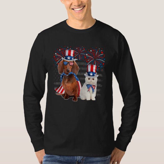 Camiseta Cat With Dachshund Sunglasses American Flag 4th Of (Frente)