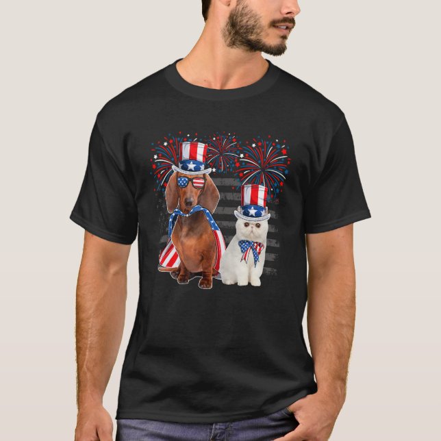 Camiseta Cat With Dachshund Sunglasses American Flag 4th Of (Frente)