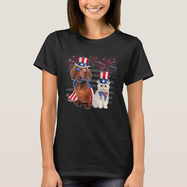 Camiseta Cat With Dachshund Sunglasses American Flag 4th Of (Frente)