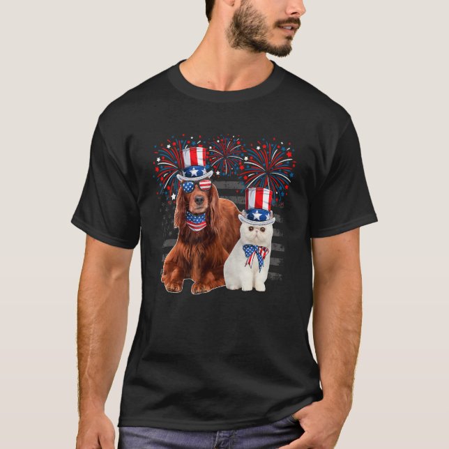 Camiseta Cat With Irish Setter Sunglasses American Flag 4th (Frente)
