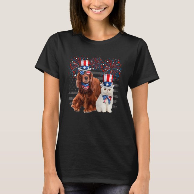 Camiseta Cat With Irish Setter Sunglasses American Flag 4th (Frente)