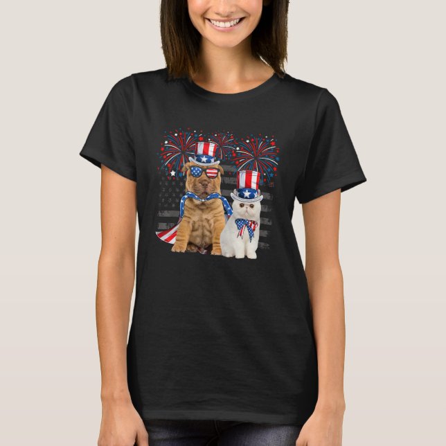 Camiseta Cat With Shar Pei Sunglasses American Flag 4th Of  (Frente)