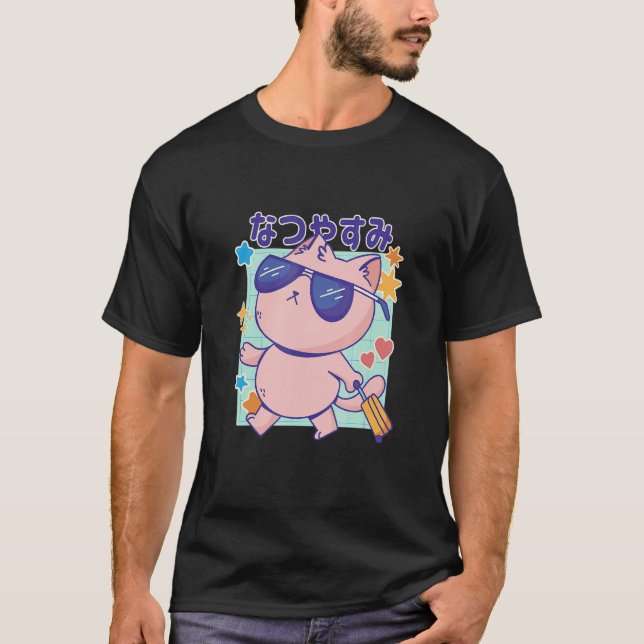 Camiseta Cat with Sunglasses and Japanese Quote Summer Holi (Frente)