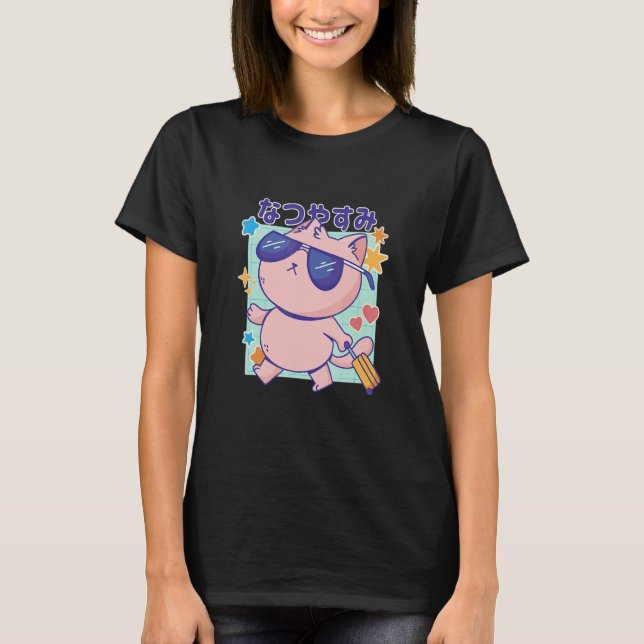 Camiseta Cat with Sunglasses and Japanese Quote Summer Holi (Frente)