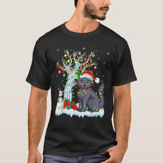 Camiseta Cat Xmas Lighting Tree Santa Hat Blue Cat Russo