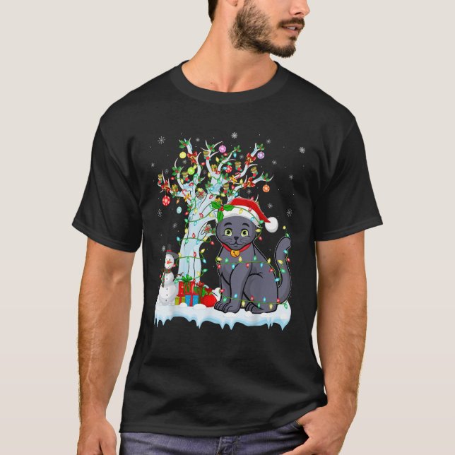 Camiseta Cat Xmas Lighting Tree Santa Hat Blue Cat Russo (Frente)