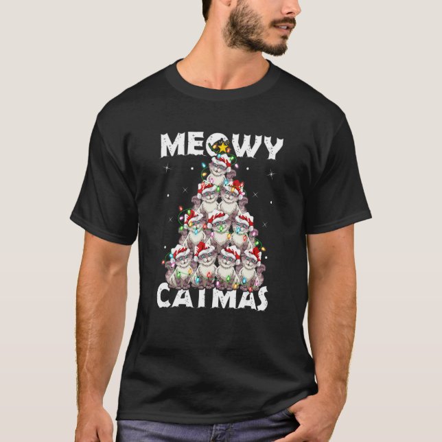 Camiseta Cat Xmas Lights Santa Meowy Catmas Cat Christmas R (Frente)
