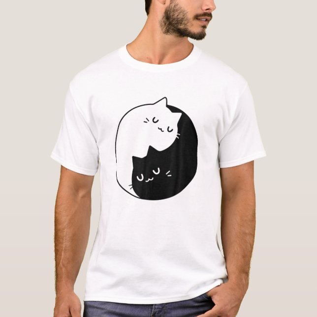 Camiseta Cat Yin Yang Engraçado Cartoon Kitten Pet Lovers (Frente)