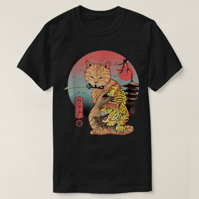 Camiseta Catana No Edo Cat Attooooooooossamurai Cat Arte Ja (Frente do Design)