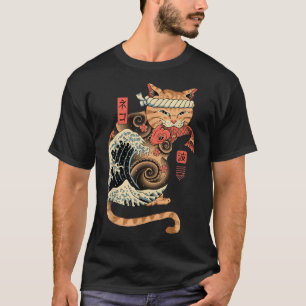 Camiseta Catana Wave Cat Tatuado Samurai Cat Arte Japonesa