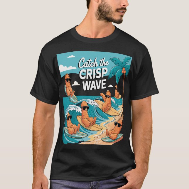Camiseta Catar a Onda Crisp: Concursos de frango surfando (Frente)