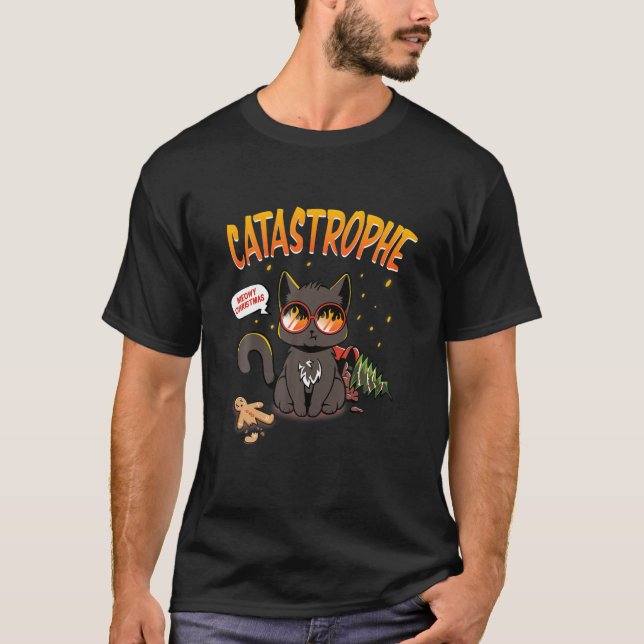 Camiseta Catastrofe Engraçado Gato de Natal (Frente)