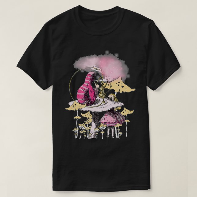 Camiseta Caterpillar smoking magic mushrooms and Alice In W (Frente do Design)