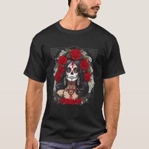 Camiseta Catrina Dia Crânio de Açúcar Rosas VERMELHAS Los M