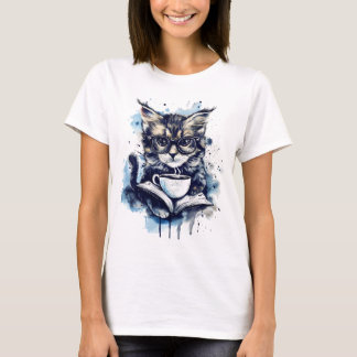 Camiseta Cats Books Café Watercolor Abstrato