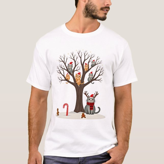 Camiseta Cats In Snow Tree Winter Christmas Santa Hat X-mas (Frente)
