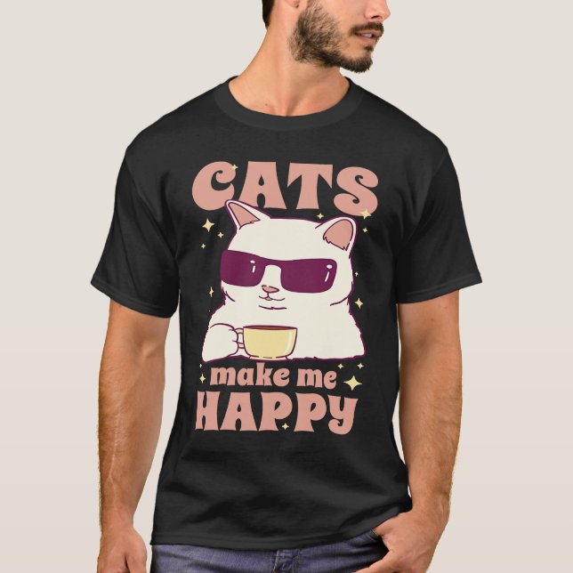 Camiseta Cats Make Me Happy Cool Coffee Cat (Frente)