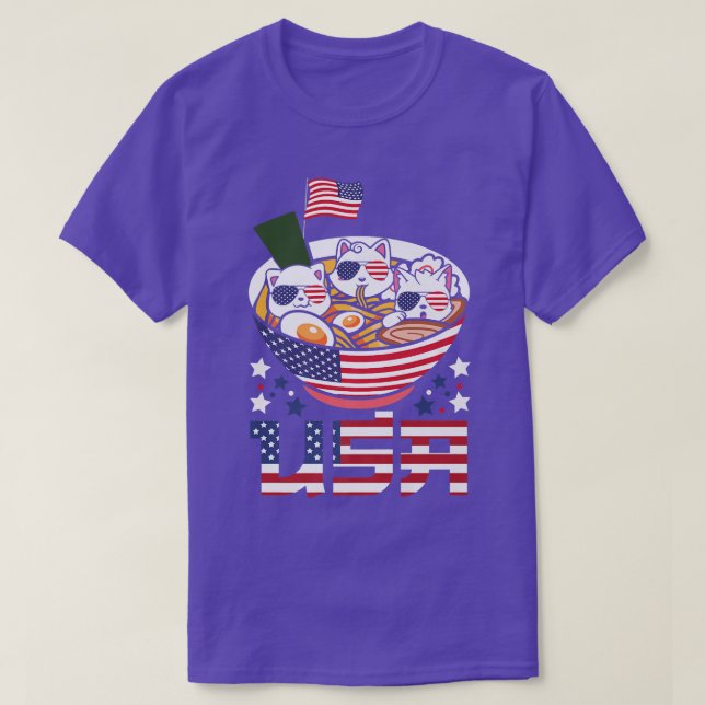 Camiseta Cats Ramen Anime American Flag USA 4 de julho shi (Frente do Design)