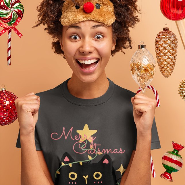 Camiseta Catsmas de feliz: Gato Negro com Luzes de Natal (Criador carregado)